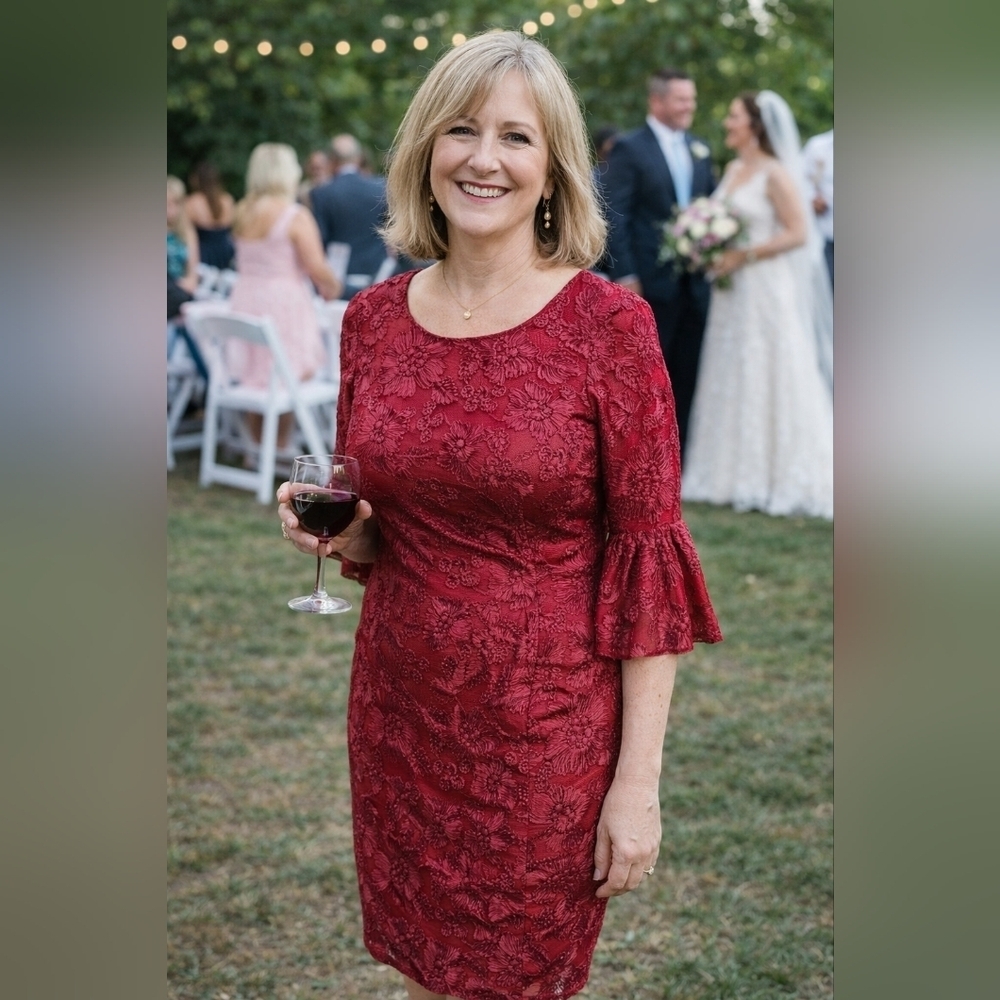 Alex‎ Evenings Embroidered Red Quarter Sleeve Dress Size 14